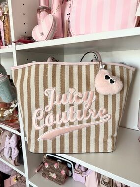 Juicy Couture “Free To Be Juicy” Pink & Tan Striped Tote with Fluffy Heart Charm